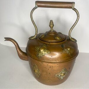 Vintage Copper Tea Kettle Brass Appliqué Fixed Copper Handle 13” With Lid